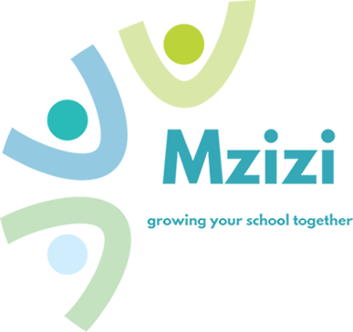 Mzizi logo featuring teal 'Mzizi' wordmark with abstract green and blue human figures and the tagline 'growing your school together'.