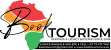 Book Tourism logo featuring a stylized Africa map in red, orange, and green with a black script 'Book' across it and 'TOURISM' text, plus the tagline and contact strip below.