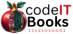 Tech-themed logo: a pomegranate with a circuitboard interior beside the bold 'codeIT Books' wordmark and red binary 11110100001.