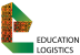 Logo-style illustration with bold orange patterned strip and green shapes forming a stylized letter, alongside the text 'EDUCATION LOGISTICS'