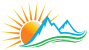 Sun rising behind stylized blue mountains with green flowing hills, suggesting nature or outdoor recreation logo.